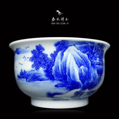 春风祥玉邹俊窑珍藏 九字款手绘青花重工山水人物高炉式杯茶杯子