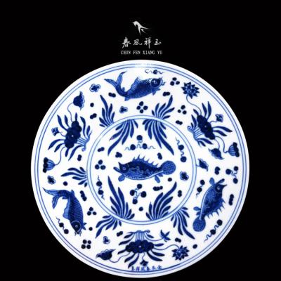 春风祥玉鱼藻纹壶承 邹俊窑2011年壬辰款 手绘青花鱼王 鳜鱼赏盘